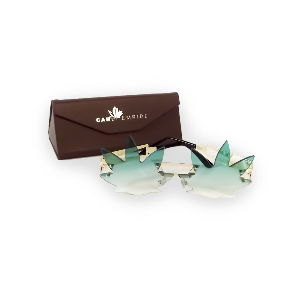 Image des lunettes de soleil de CanEmpire rappelant la forme de feuilles de cannabis. Ces lunettes idéales pour la saison estivale et les festivals sont disponibles en rose et en vert, en plus d'être accompagnées d'une étui de cuir synthétique écologique.