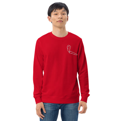 Image of the red Doobie Sweatshirt by CanEmpire. This sweatshirt is part of The Ultimate CanGame official merch and features an exclusive embroidered joint design on the heart. Made of organic cotton and recycled polyester, this soft sweatshirt is ideal for cannabis enthusiasts and is available for purchase at www.canempire.ca .