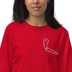 Image of the red Doobie Sweatshirt by CanEmpire. This sweatshirt is part of The Ultimate CanGame official merch and features an exclusive embroidered joint design on the heart. Made of organic cotton and recycled polyester, this soft sweatshirt is ideal for cannabis enthusiasts and is available for purchase at www.canempire.ca .